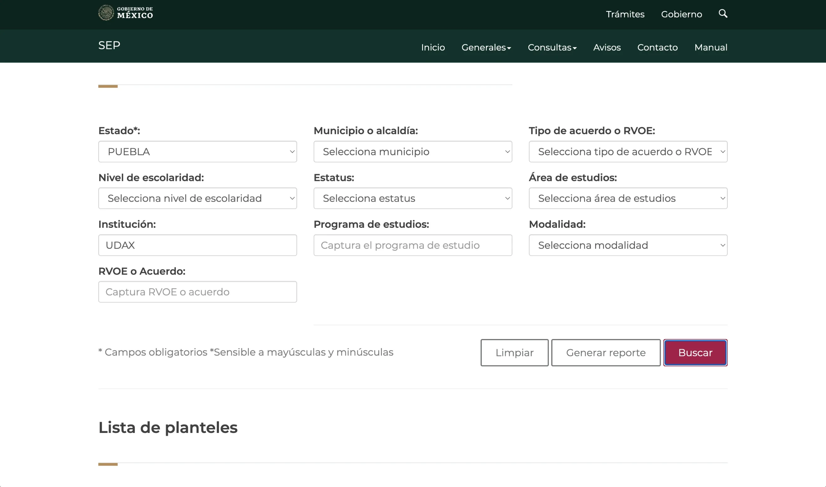 Formulario de consulta del portal SIRVOES de la SEP con «Puebla» seleccionado como estado y «UDAX» escrito en el campo Institución